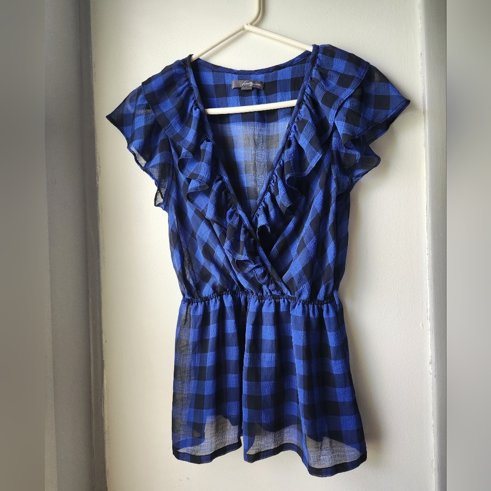 Twenty-one Sheer Black & Blue Gingham Top  Ruffle Sleeves